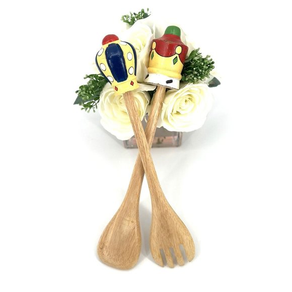 Vintage King & Queen Wooden Salad Serving Set Fork And Spoon Hand Painted Wood - Picture 3 of 9